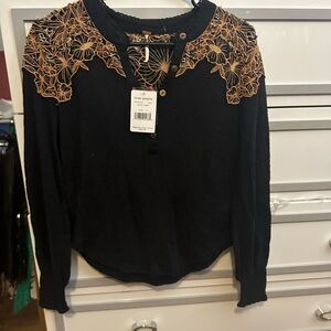 Free People Black Long Sleeve Henley with Tan Floral Lace Shoulders